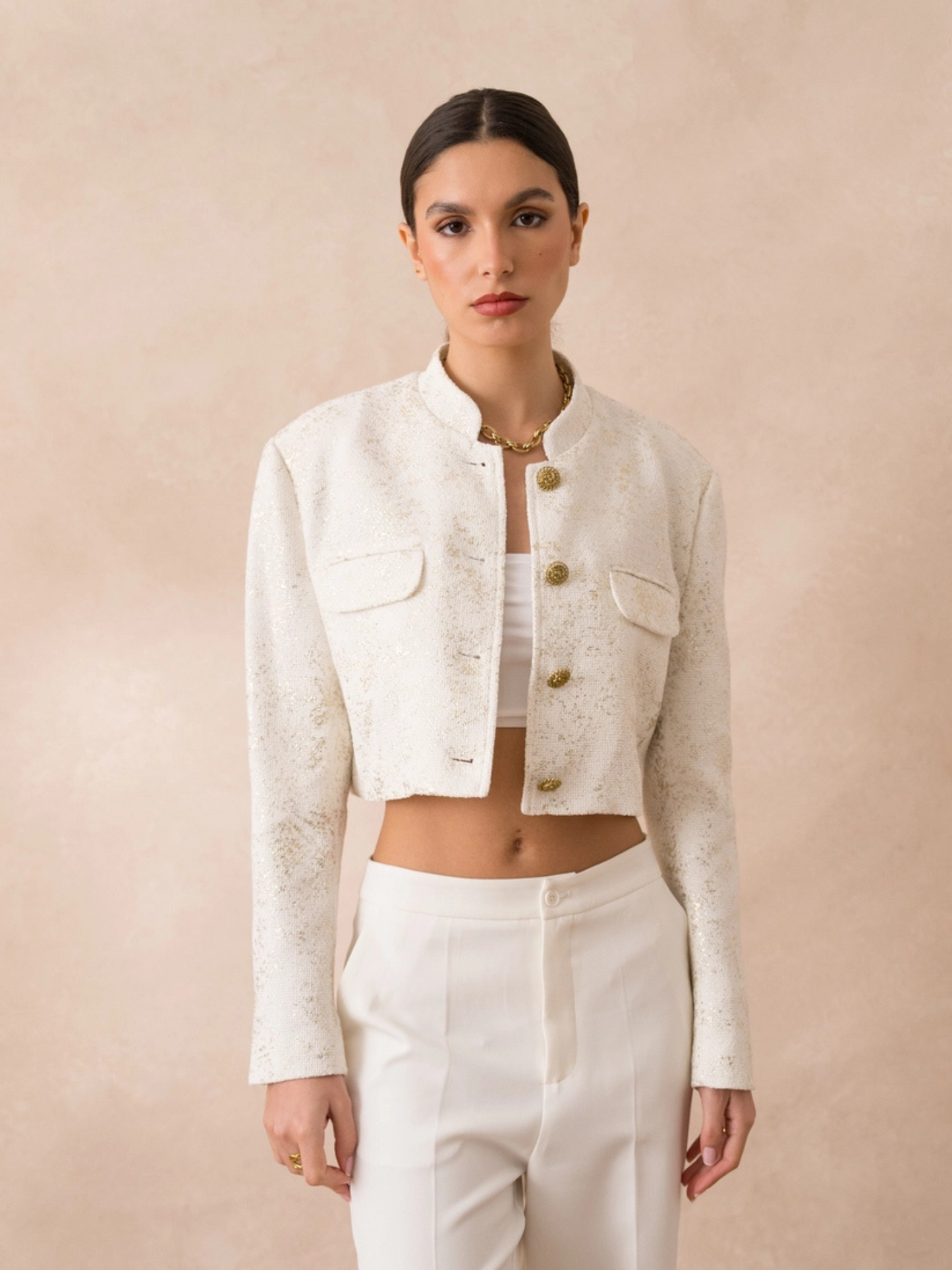 Women's Cropped Ivory Tweed Jacket with Gold Buttons and Shimmer Detail