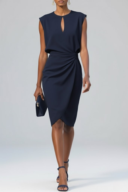 Women's Keyhole Neck Midi Dress with Ruched Waist