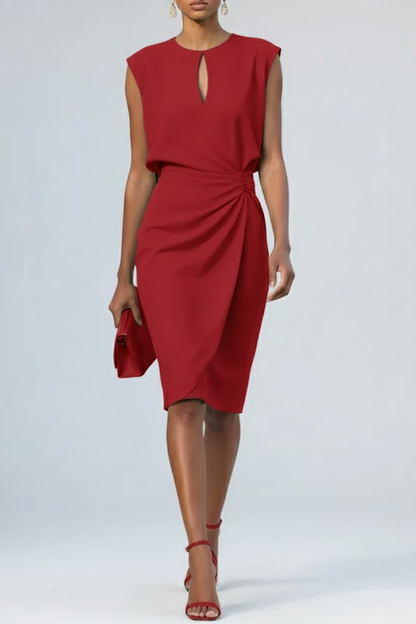 Women's Keyhole Neck Midi Dress with Ruched Waist