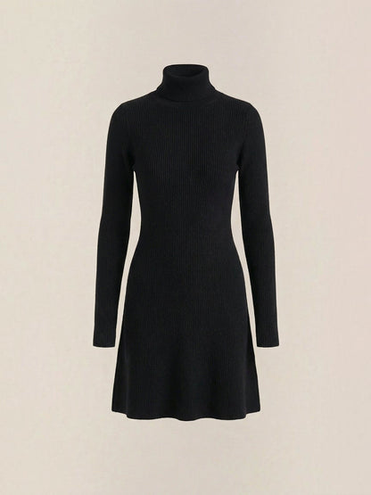 Women's Knit Mini Dress with Roll Neck and Long Sleeves