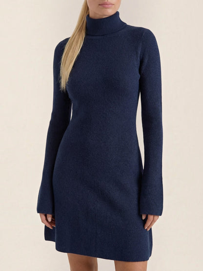 Women's Knit Mini Dress with Roll Neck and Long Sleeves