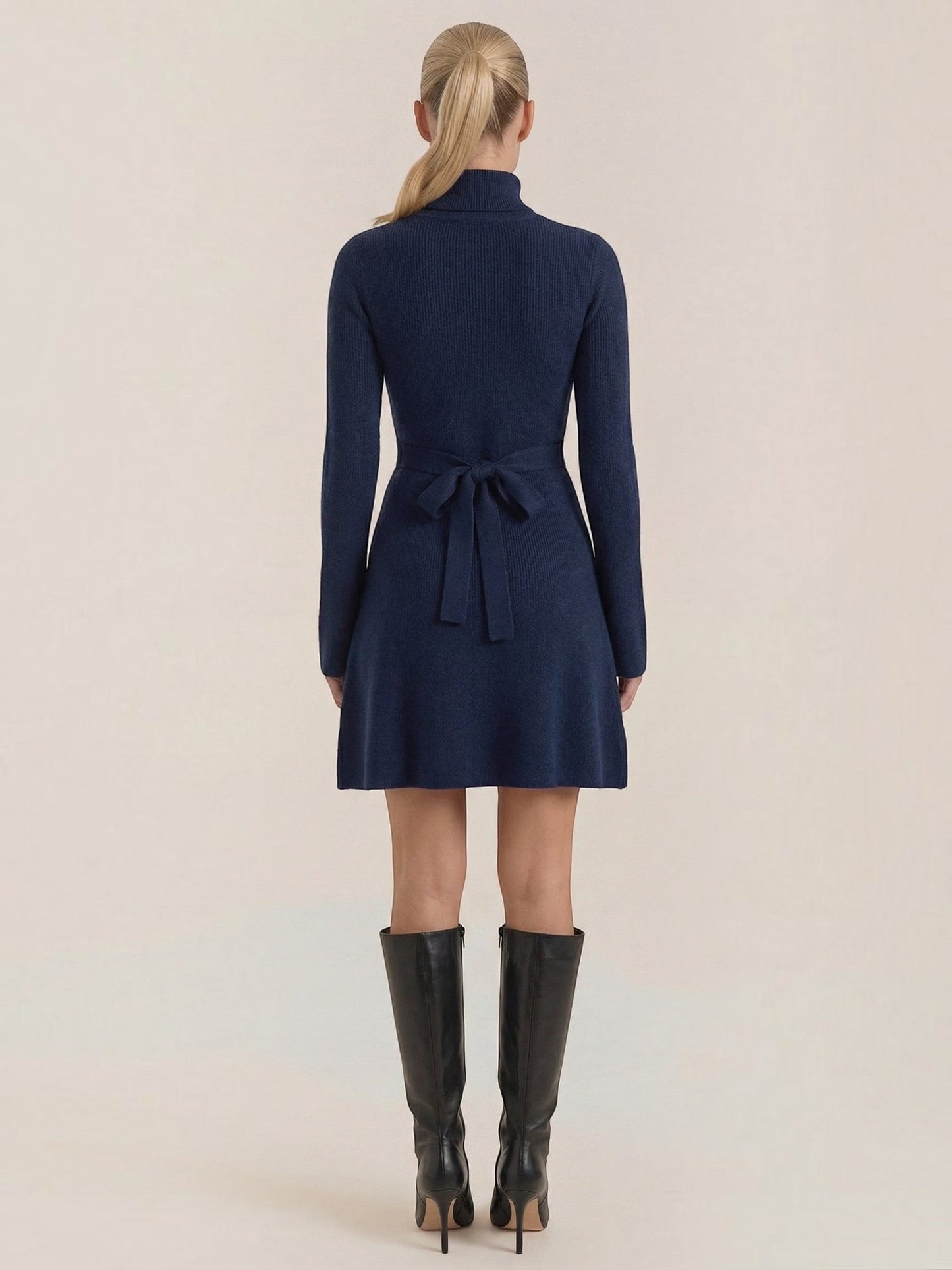 Women's Knit Mini Dress with Roll Neck and Long Sleeves