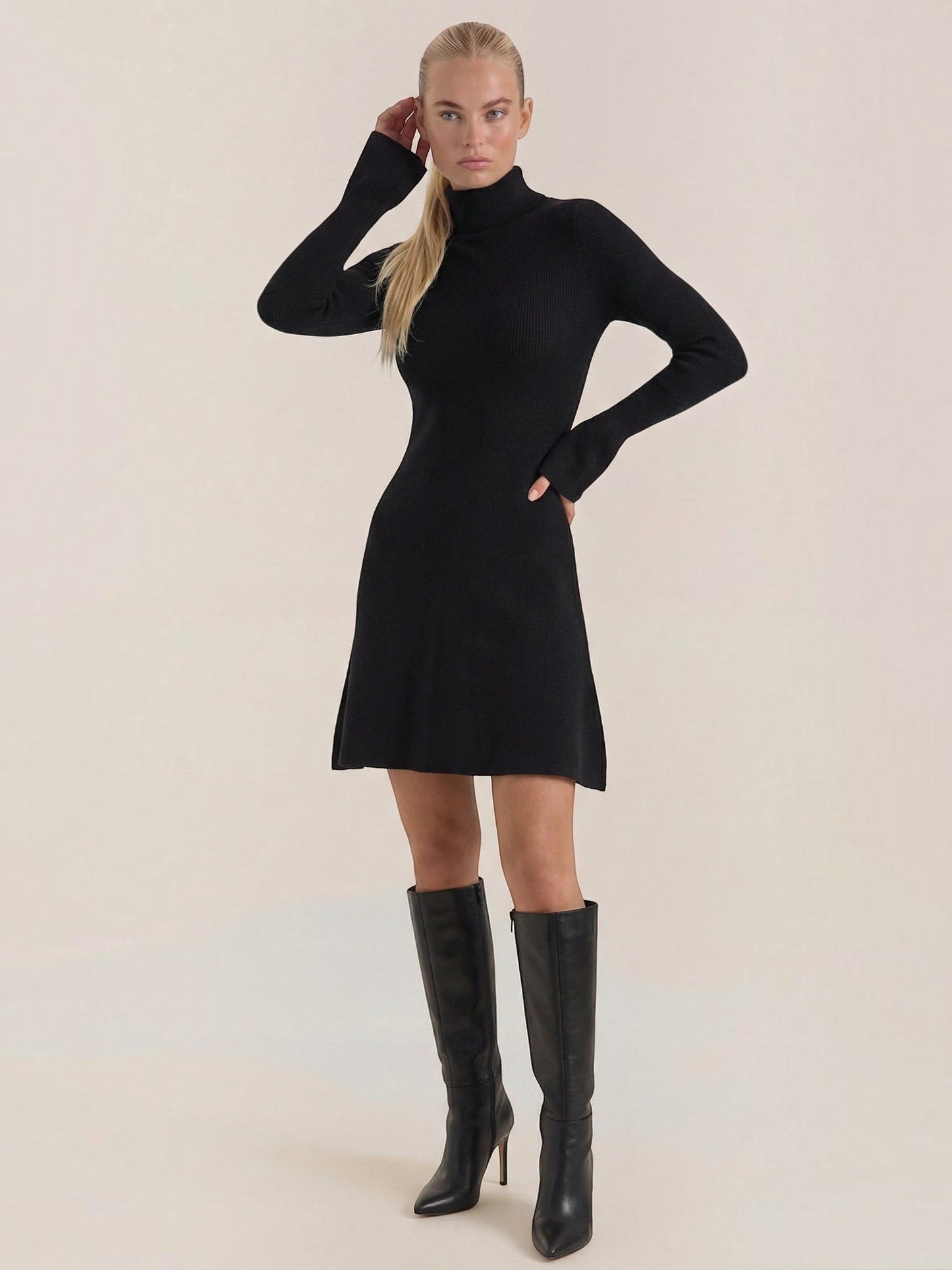 Women's Knit Mini Dress with Roll Neck and Long Sleeves