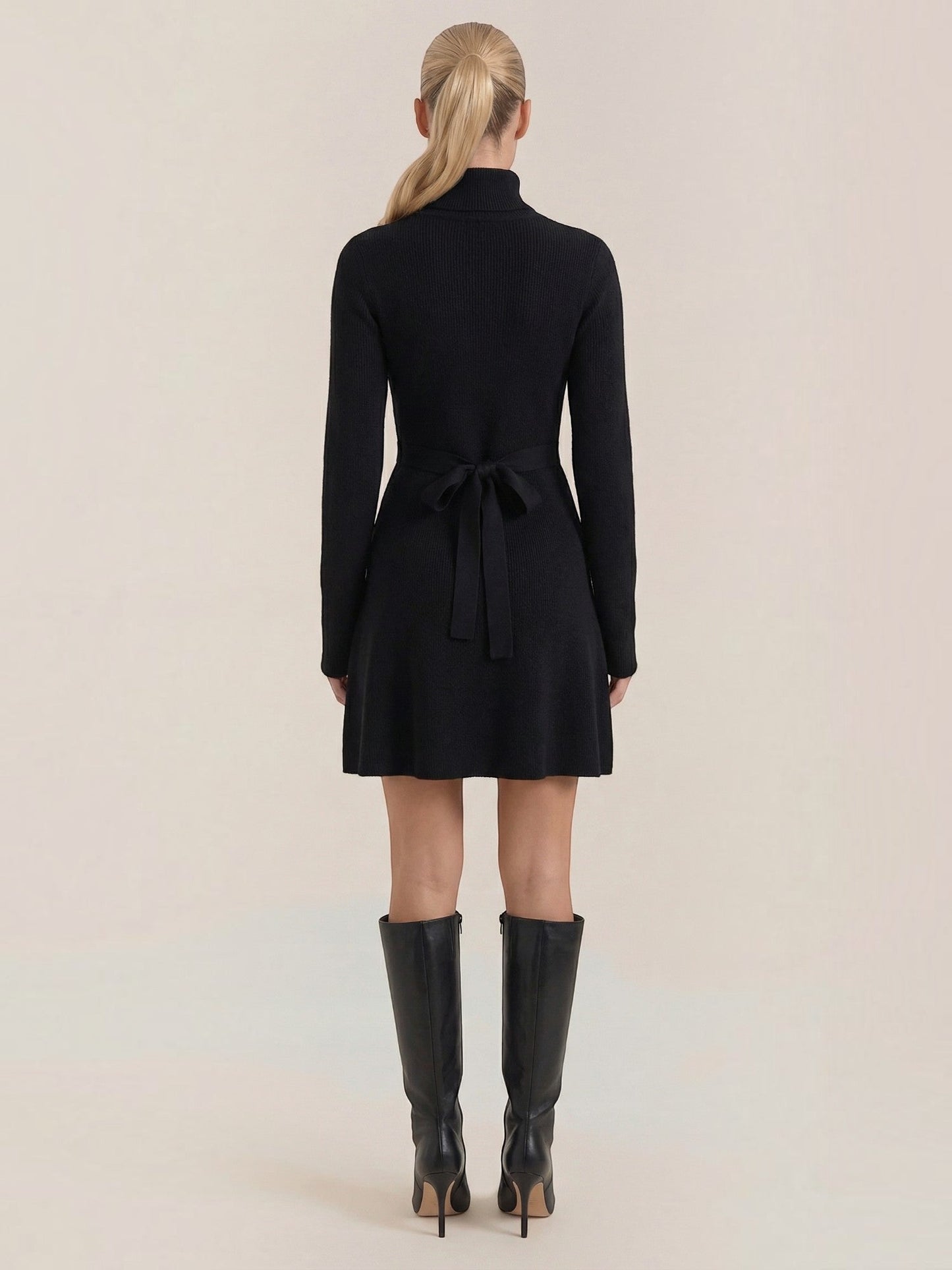 Women's Knit Mini Dress with Roll Neck and Long Sleeves