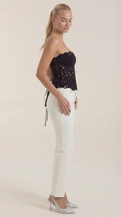 Women's Strapless Lace Corset Top with Heart Neckline and Structured Bodice