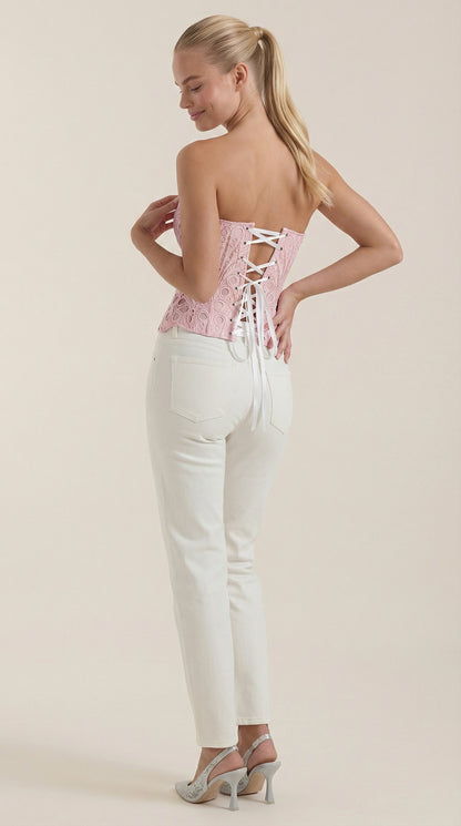 Women's Strapless Lace Corset Top with Heart Neckline and Structured Bodice