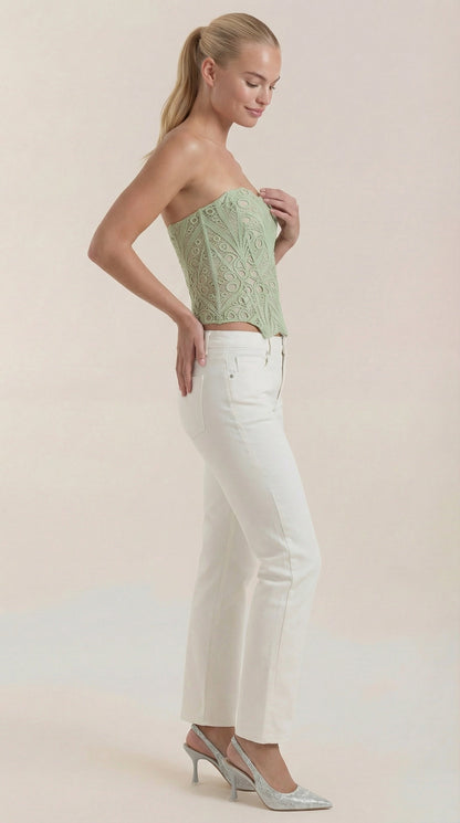 Women's Strapless Lace Corset Top with Heart Neckline and Structured Bodice