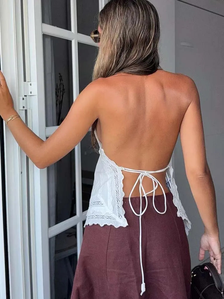 Women's Lace Halter Top with Tie Neck and Scalloped Trim