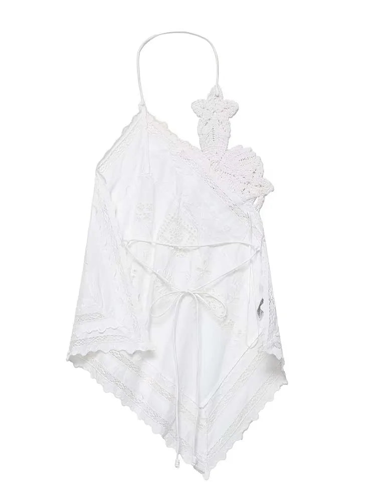 Women's Lace Halter Top with Tie Neck and Scalloped Trim
