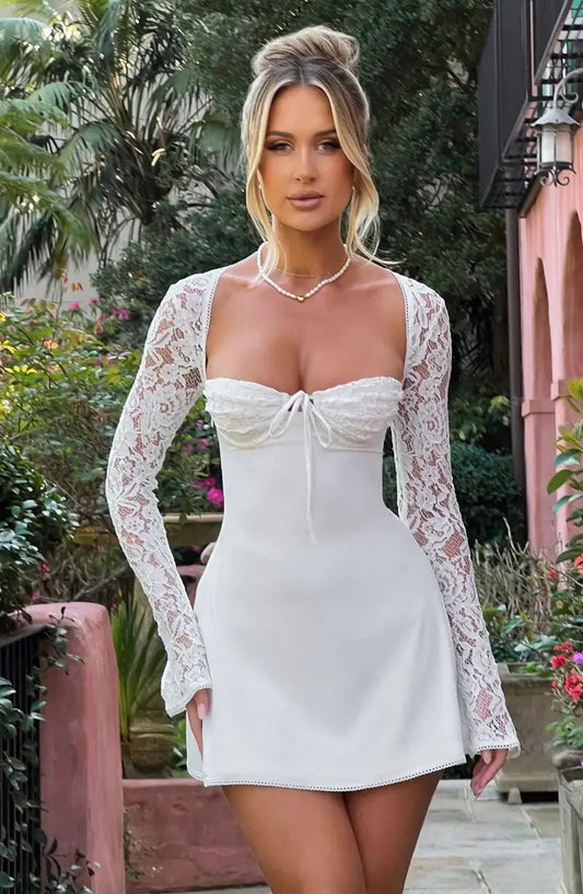 Women's Lace Sleeve Bodycon Mini Dress with Square Neckline
