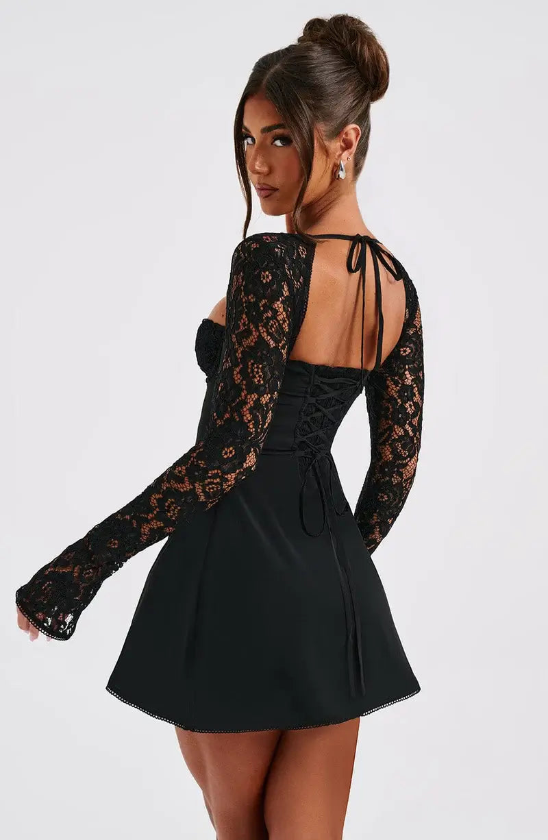 Women's Lace Sleeve Bodycon Mini Dress with Square Neckline