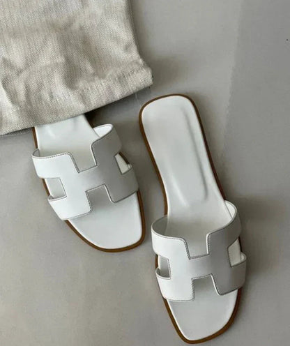 Women's Leather H-Strap Slip On Sandals Low Heel