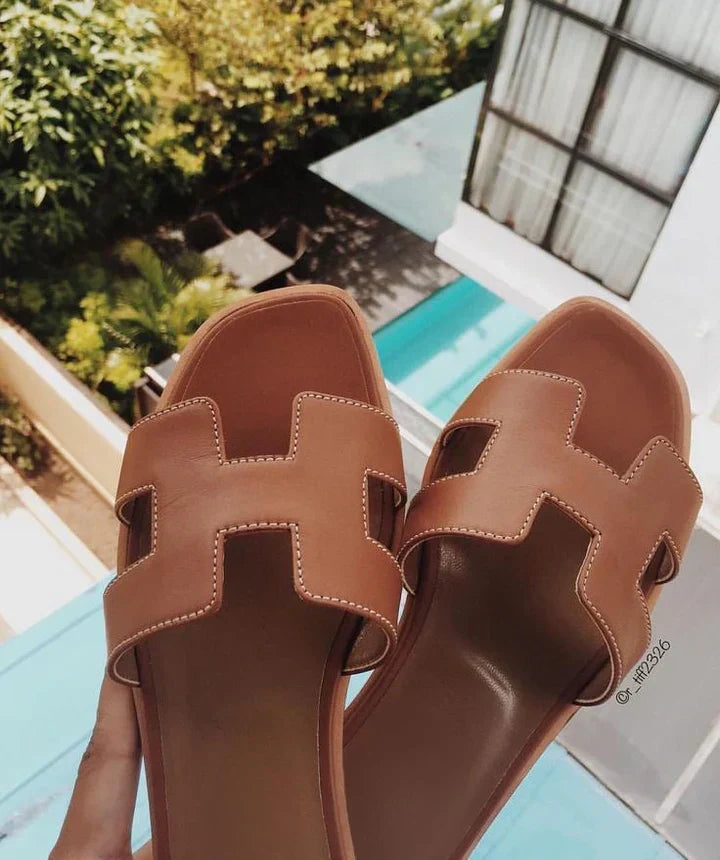 Women's Leather H-Strap Slip On Sandals Low Heel