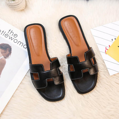 Women's Leather H-Strap Slip On Sandals Low Heel