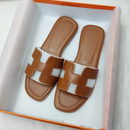 Women's Leather H-Strap Slip On Sandals Low Heel