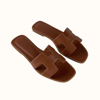 Women's Leather H-Strap Slip On Sandals Low Heel