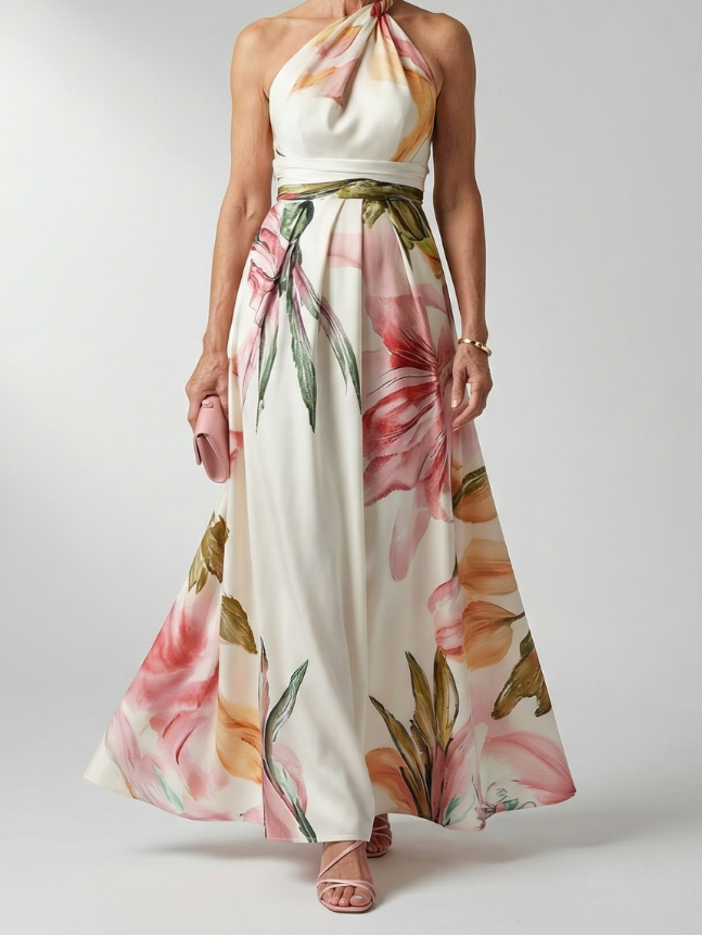 Women's Light Floral Maxi Dress with Halter Neckline and Flowing A-Line Skirt