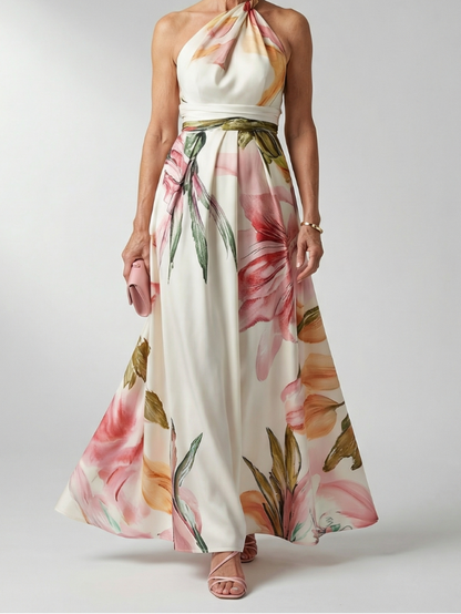 Women's Light Floral Maxi Dress with Halter Neckline and Flowing A-Line Skirt