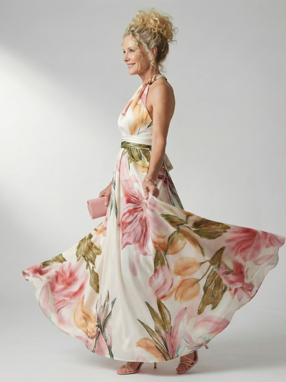 Women's Light Floral Maxi Dress with Halter Neckline and Flowing A-Line Skirt