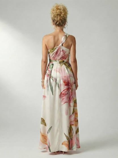 Women's Light Floral Maxi Dress with Halter Neckline and Flowing A-Line Skirt