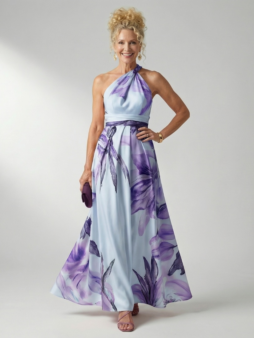 Women's Light Floral Maxi Dress with Halter Neckline and Flowing A-Line Skirt