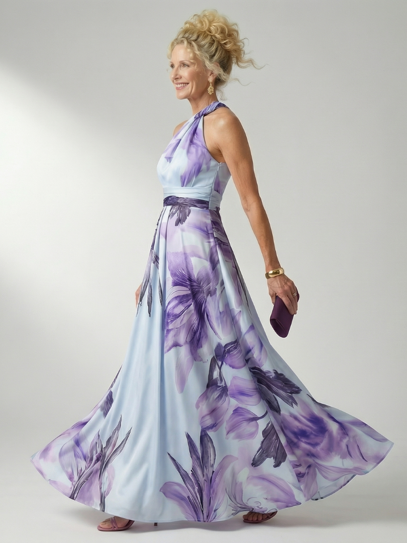 Women's Light Floral Maxi Dress with Halter Neckline and Flowing A-Line Skirt