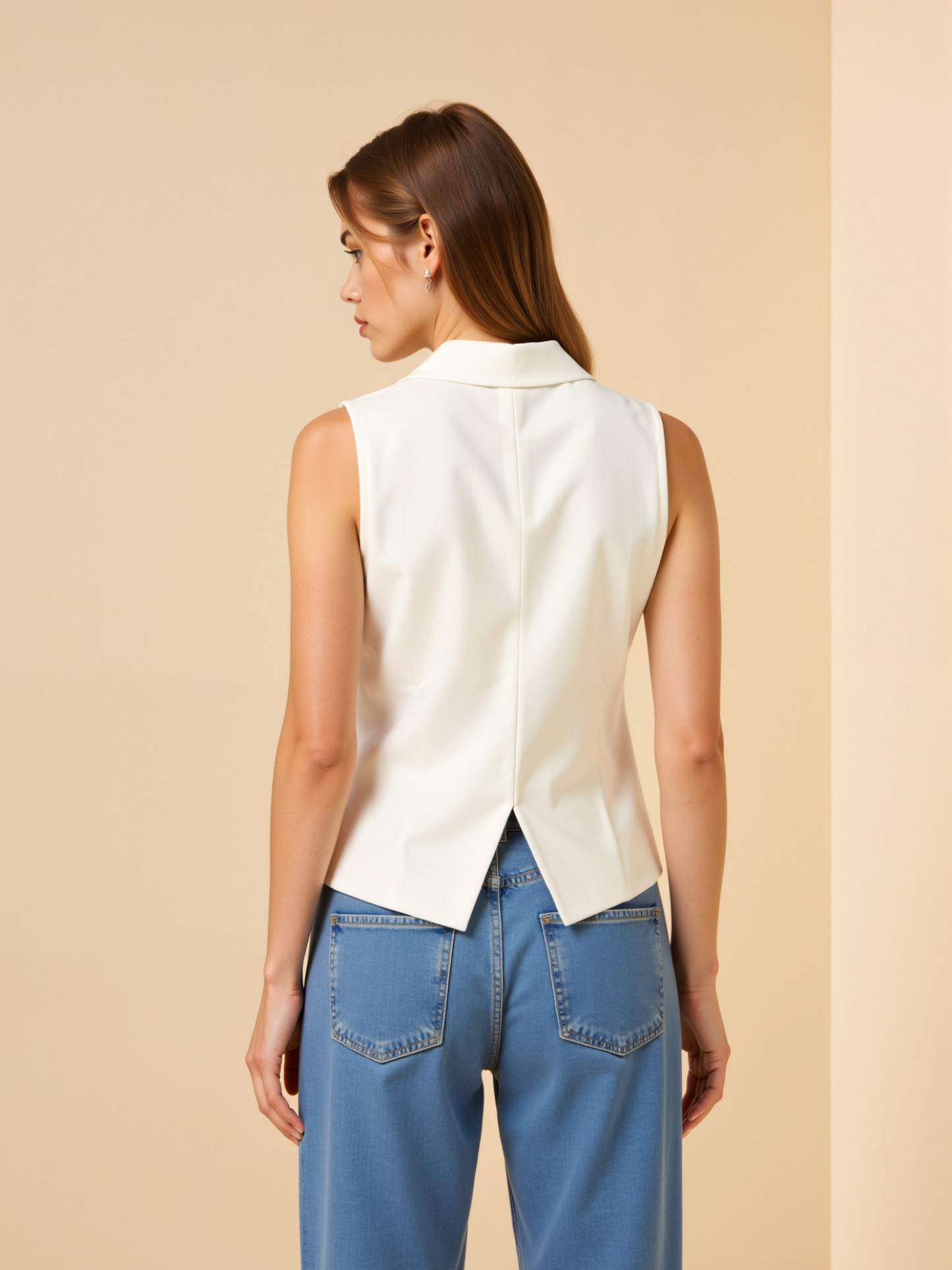 Women's Tailored Linen Collared Vest with Button Closure and Structured Fit