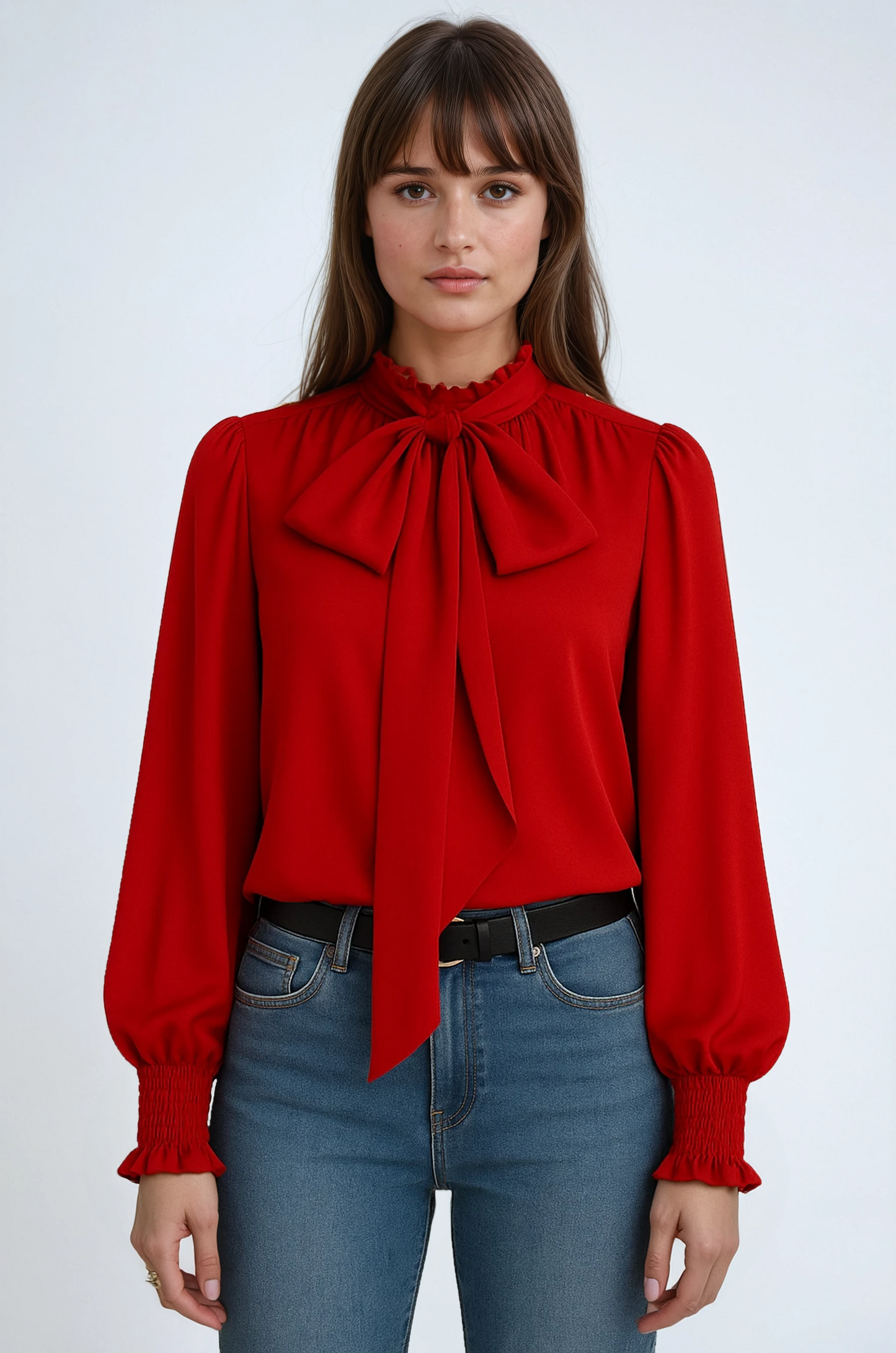 Women's Long Sleeve Blouse with Tie Neck