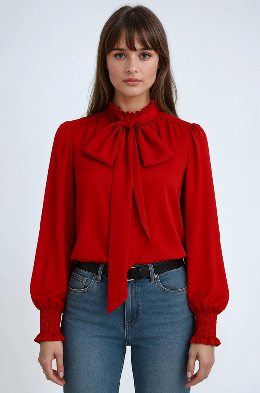 Mila | Women's Long Sleeve Blouse with Tie Neck, Summer - Red