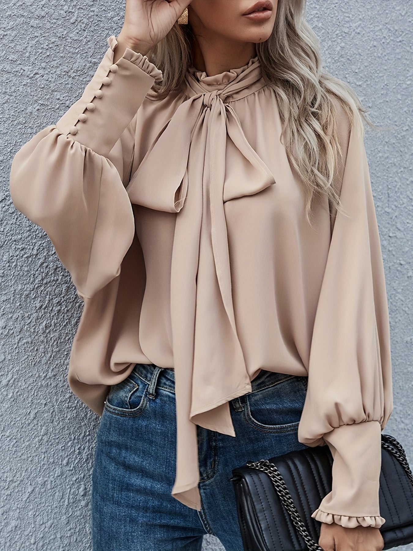 Women's Long Sleeve Blouse with Tie Neck
