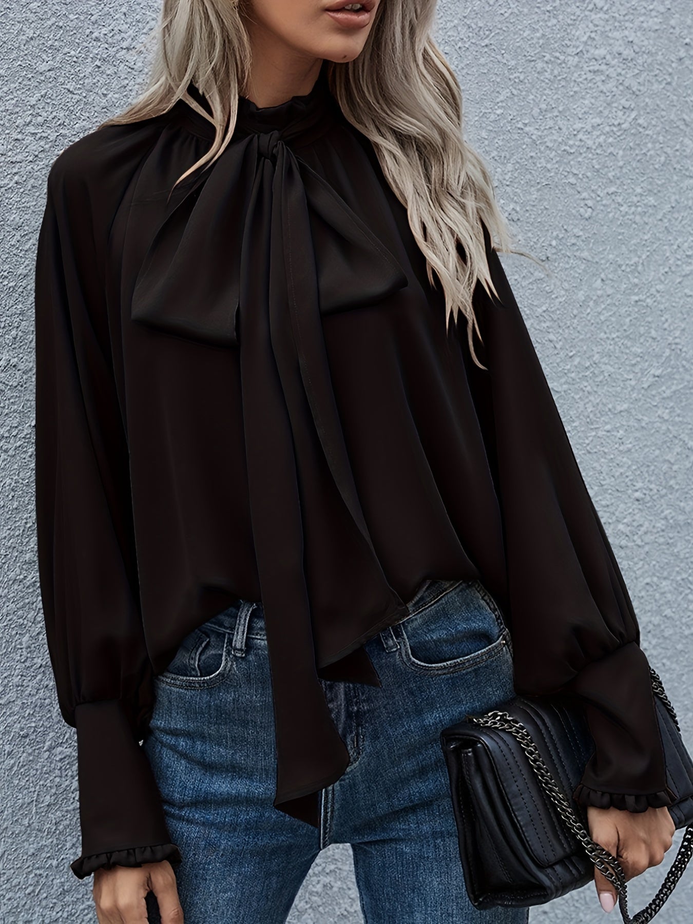 Women's Long Sleeve Blouse with Tie Neck