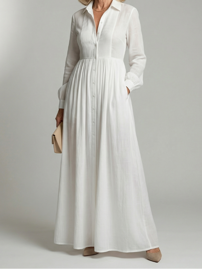 Women's Long Sleeve Maxi Dress with Button Front and Softly Gathered Skirt