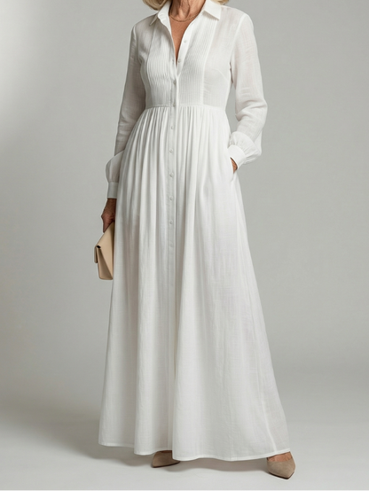 Women's Long Sleeve Maxi Dress with Button Front and Softly Gathered Skirt