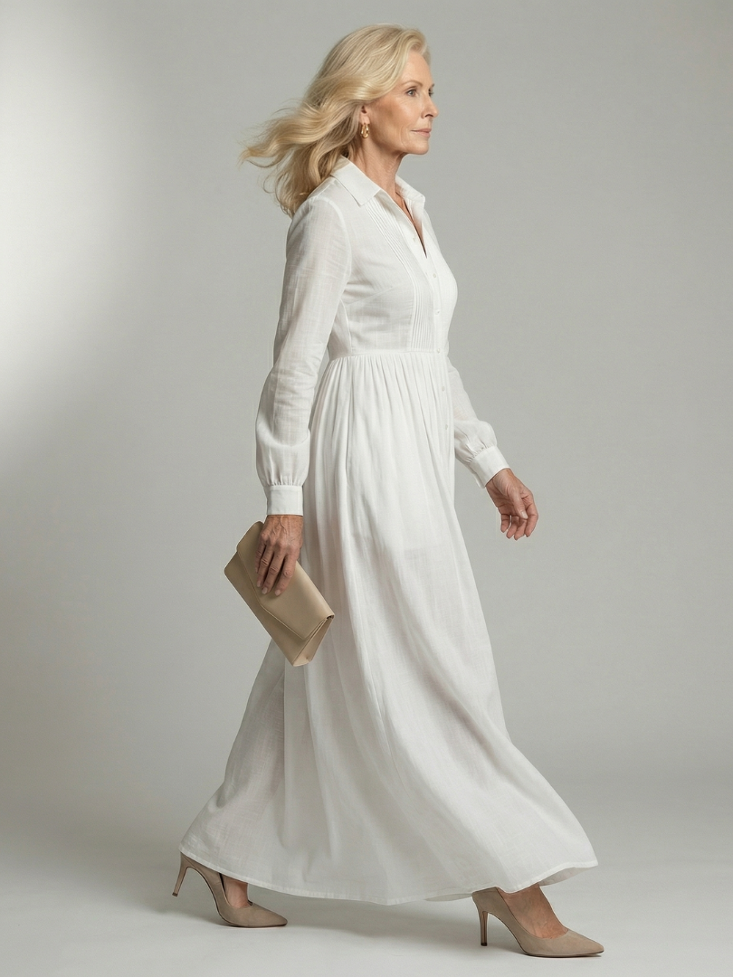 Women's Long Sleeve Maxi Dress with Button Front and Softly Gathered Skirt