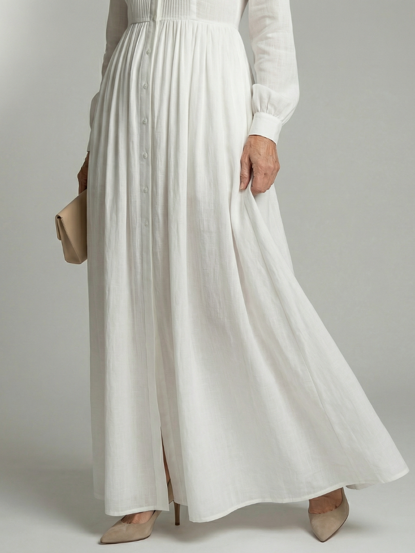 Women's Long Sleeve Maxi Dress with Button Front and Softly Gathered Skirt