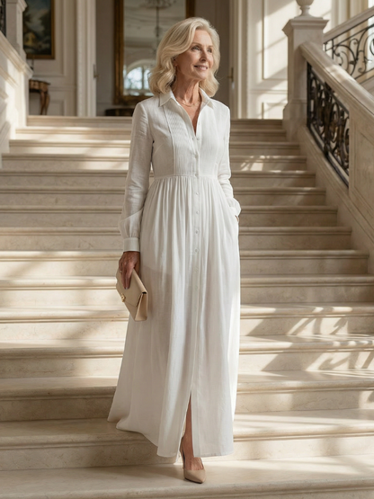 Women's Long Sleeve Maxi Dress with Button Front and Softly Gathered Skirt
