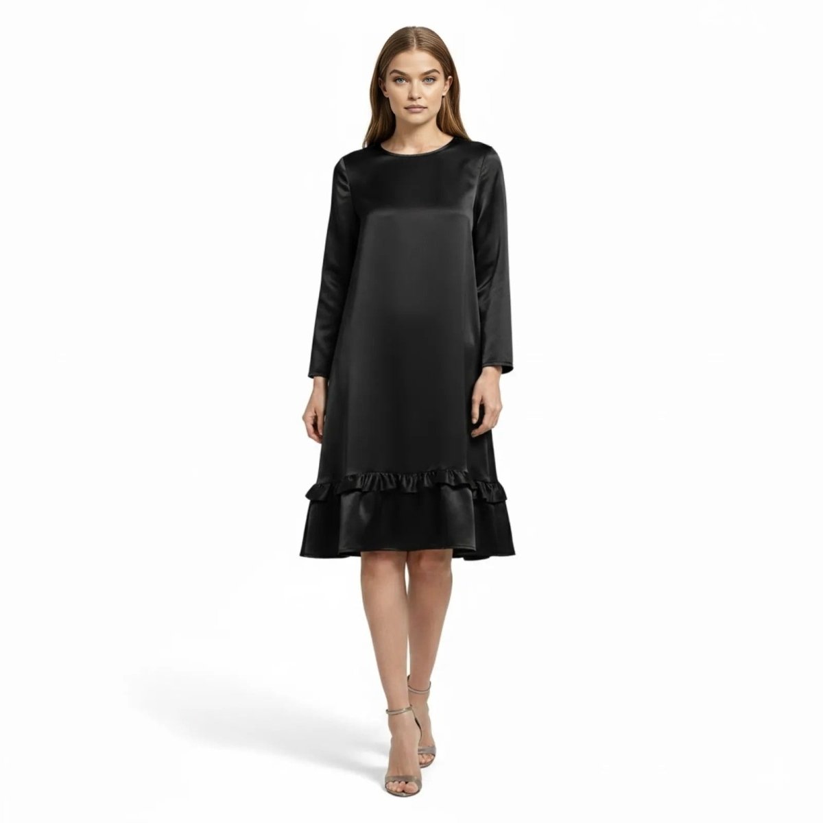 Women's Long Sleeve Satin Midi Dress with Ruffle Hem and A-Line Silhouette