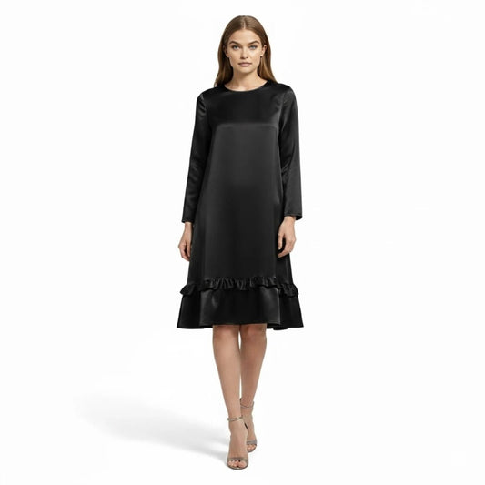 Women's Long Sleeve Satin Midi Dress with Ruffle Hem and A-Line Silhouette