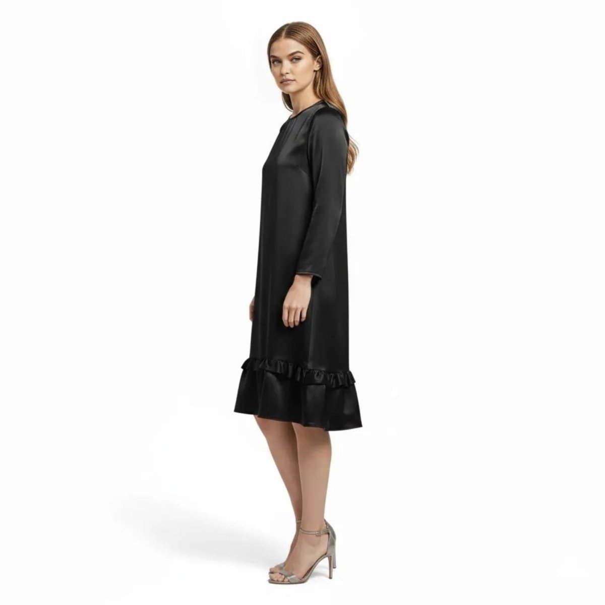 Women's Long Sleeve Satin Midi Dress with Ruffle Hem and A-Line Silhouette
