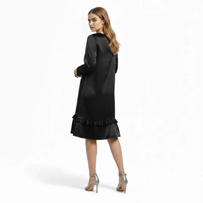 Women's Long Sleeve Satin Midi Dress with Ruffle Hem and A-Line Silhouette