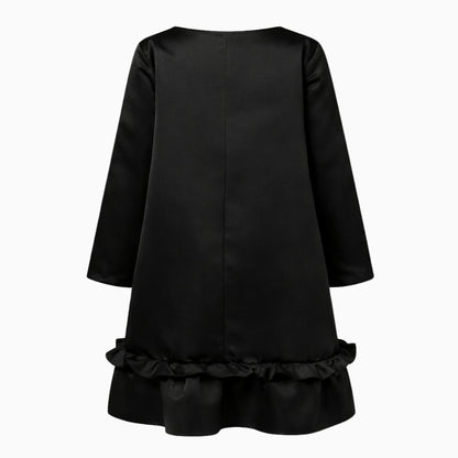 Women's Long Sleeve Satin Midi Dress with Ruffle Hem and A-Line Silhouette