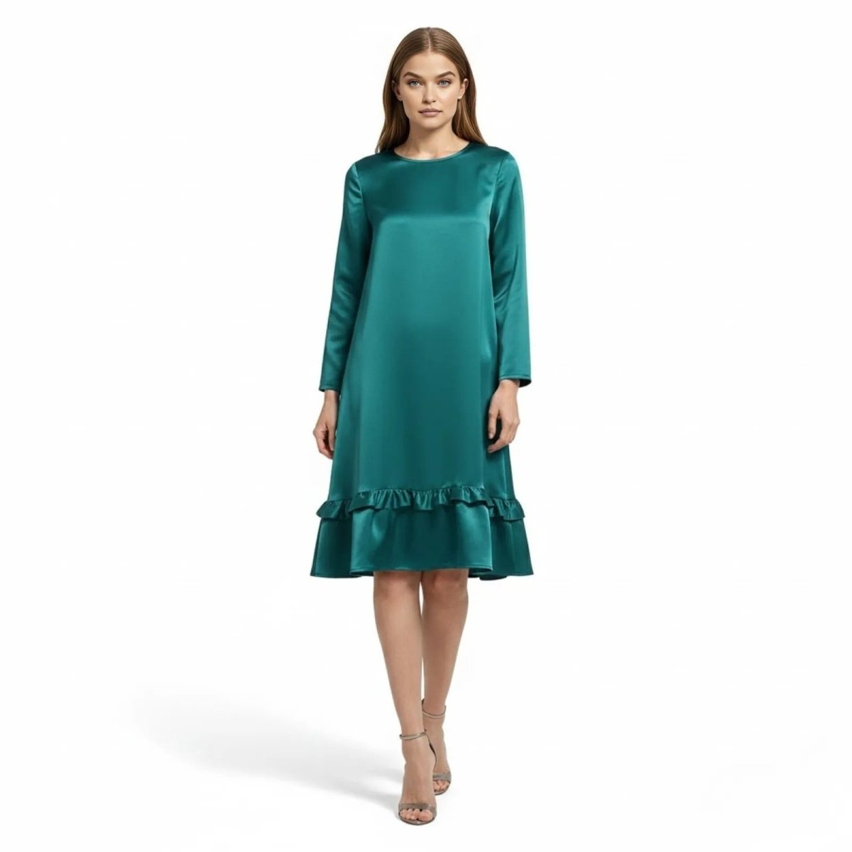 Women's Long Sleeve Satin Midi Dress with Ruffle Hem and A-Line Silhouette