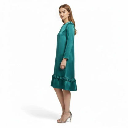 Women's Long Sleeve Satin Midi Dress with Ruffle Hem and A-Line Silhouette