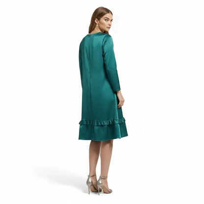 Women's Long Sleeve Satin Midi Dress with Ruffle Hem and A-Line Silhouette
