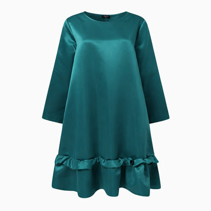 Women's Long Sleeve Satin Midi Dress with Ruffle Hem and A-Line Silhouette