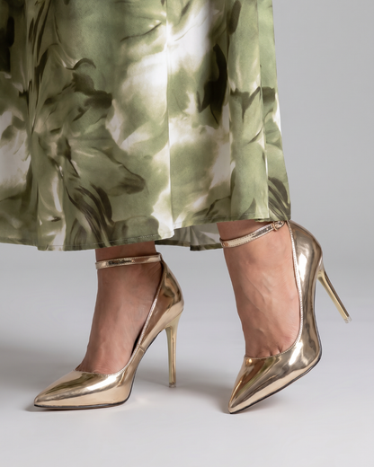 Women's Metallic Pointed Toe Pumps with Ankle Strap