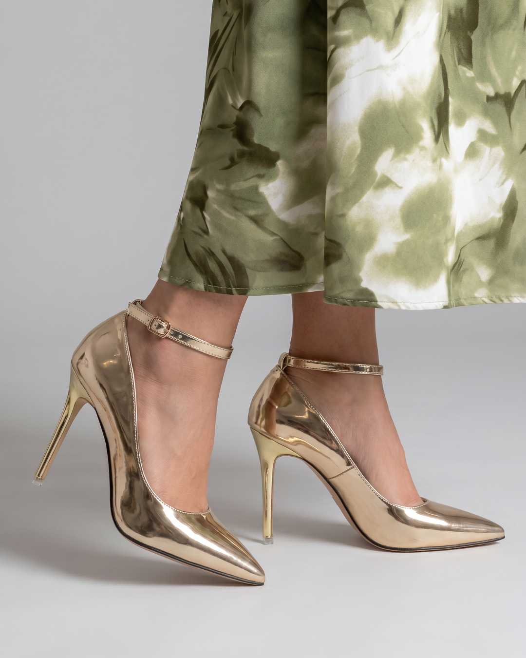 Women's Metallic Pointed Toe Pumps with Ankle Strap