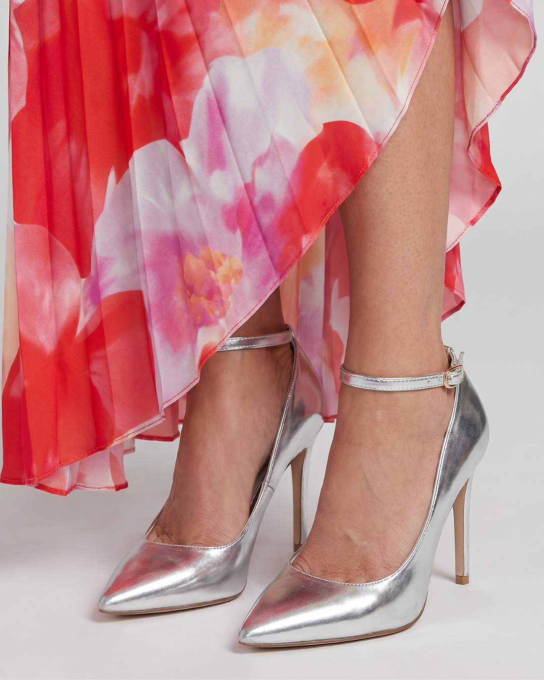 Women's Metallic Pointed Pumps with Ankle Strap and Buckle