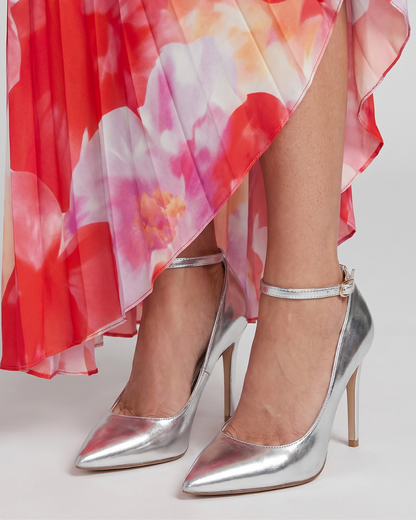 Women's Metallic Pointed Pumps with Ankle Strap and Buckle