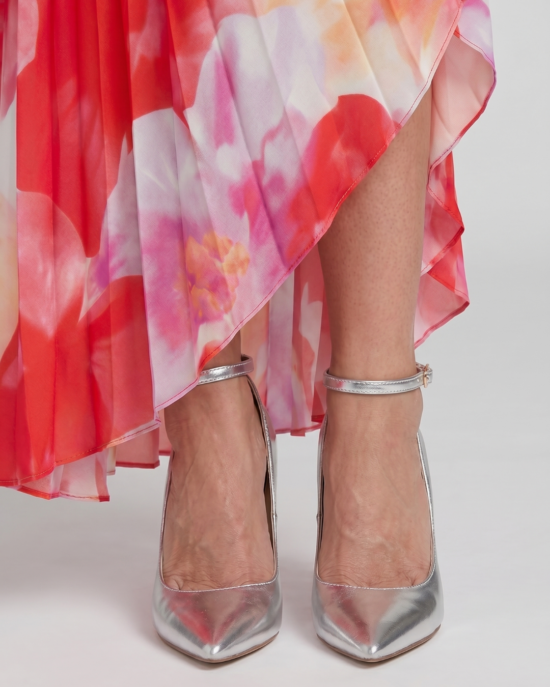 Women's Metallic Pointed Pumps with Ankle Strap and Buckle